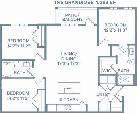 Floor plan for 3 beds, 2 baths, 1369 sqft